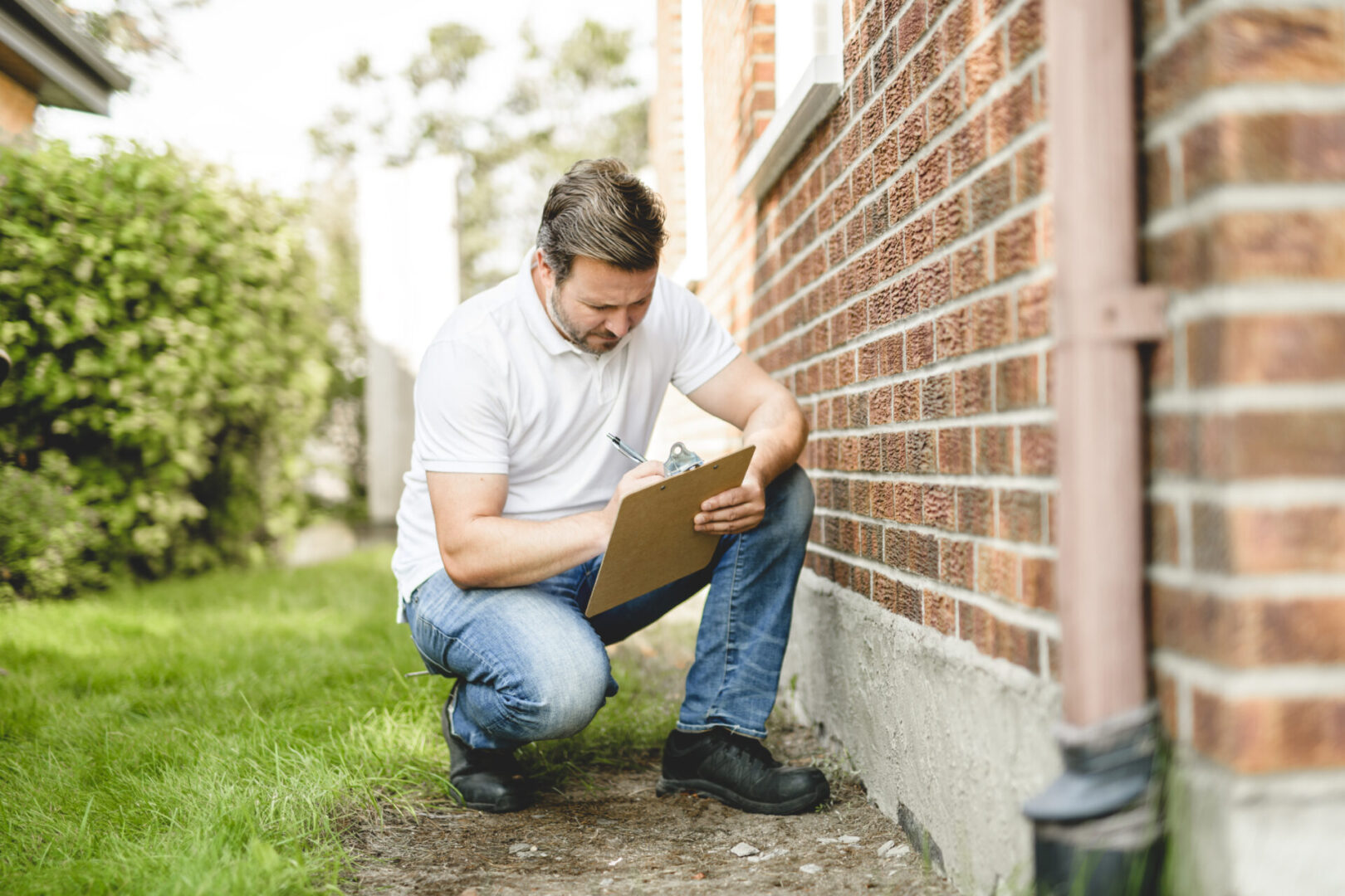 Man inspecting house exterior with clipboard.