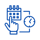 Calendar and clock with pointing hand icon.
